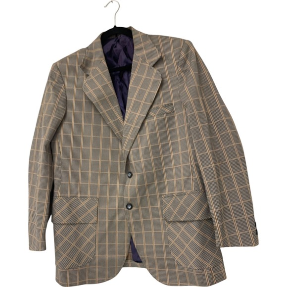 Mens Blazer Jacket Brown Houndstooth Single Breasted Lined Sport Coat 90s Preppy - Picture 1 of 6